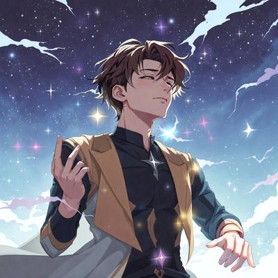 The primary subject of the image is a man wearing a yellow jacket and a black shirt. He is standing in front of a blue sky with stars, which serves as the setting for the scene. The visual style of the image is digital art, as it is a detailed and well-rendered illustration. The colors in the image are predominantly blue and yellow, creating a calm and serene atmosphere.